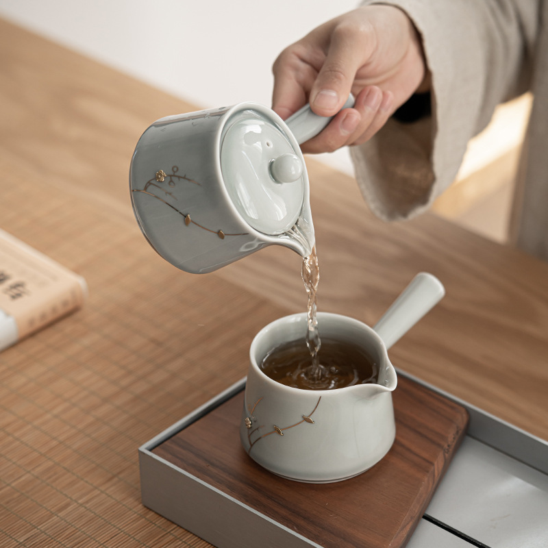 日式冰灰釉鋦釘無憂側把壺