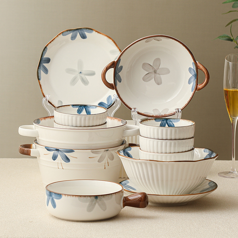 墨藍陶瓷盤子碗日式雙耳湯碗米飯碗餐具套裝