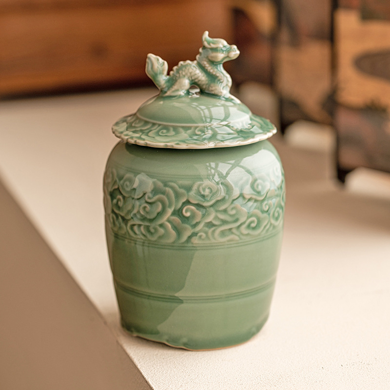 復古越窯青瓷龍騰四海茶葉罐