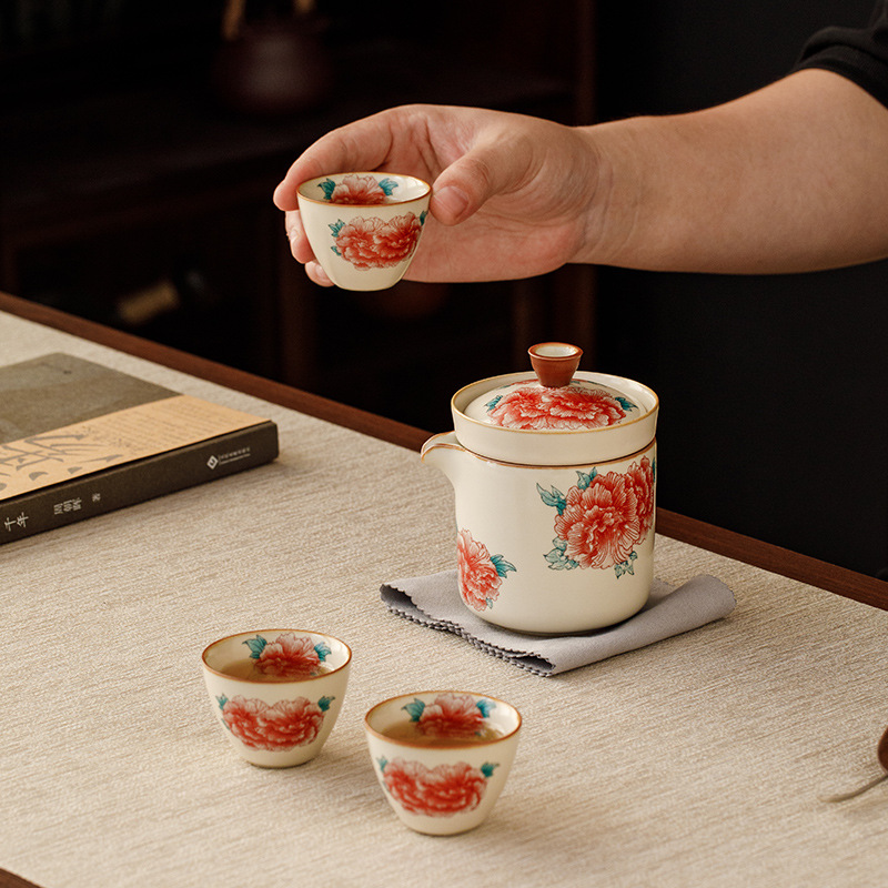 汝窯牡丹一壺三杯旅行便攜式茶具套裝
