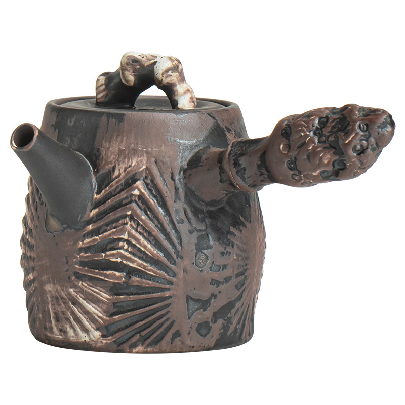 侘寂風粗陶側把壺