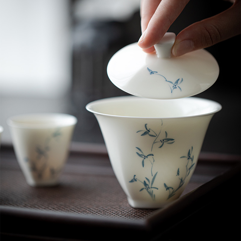 玉瓷手繪蘭花有方陶瓷青花蓋碗