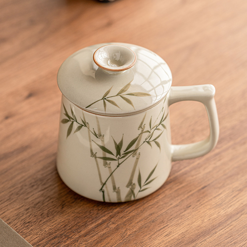 手繪翠綠文竹陶瓷辦公杯