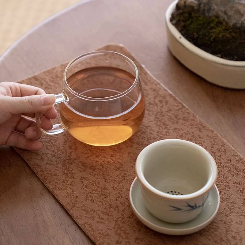 手繪竹子釉下彩帶蓋玻璃泡茶杯