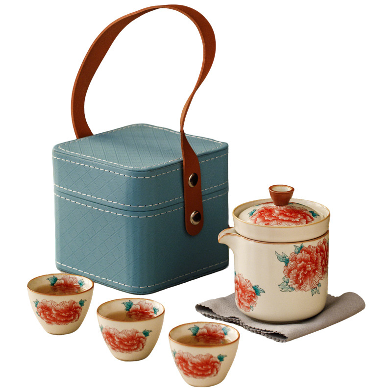 汝窯牡丹一壺三杯旅行便攜式茶具套裝