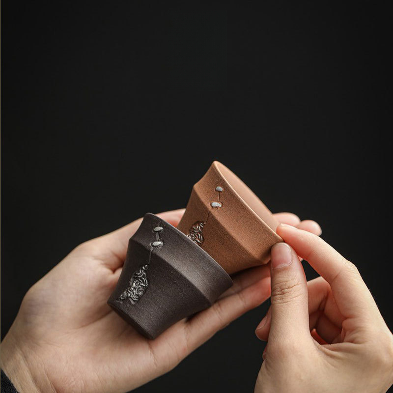 粗陶老岩泥手工鎏銀主人杯