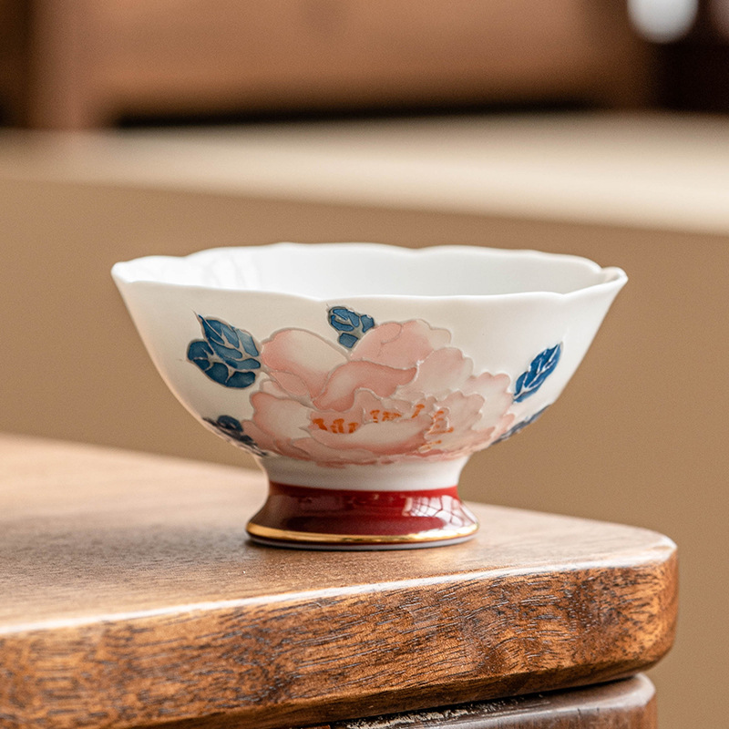 手繪描金牡丹花花邊茶杯