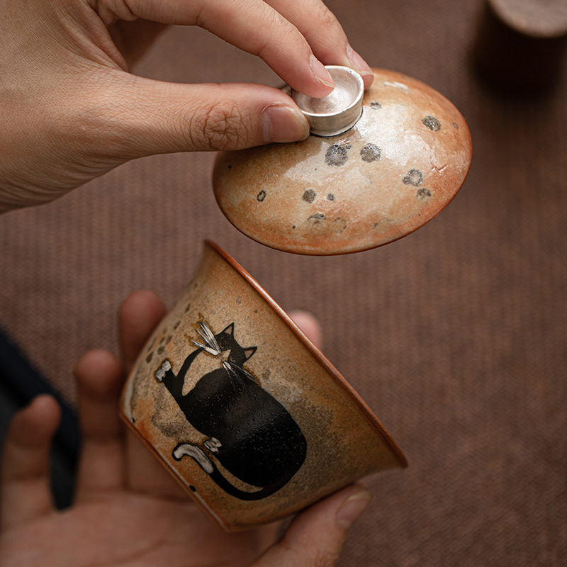 志野貓窯變手繪二才蓋碗