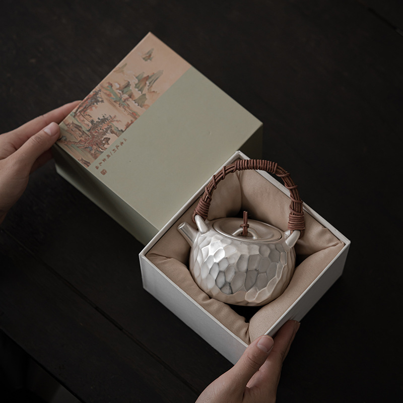 日式手工鎏銀錘紋提梁壺