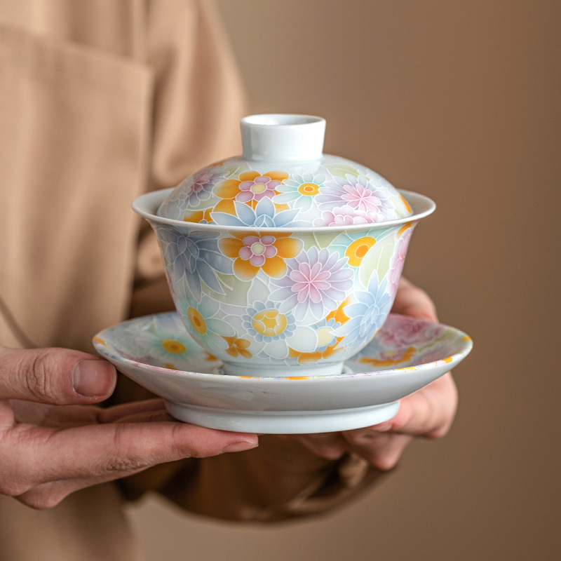 仿古釉萬花三才蓋碗