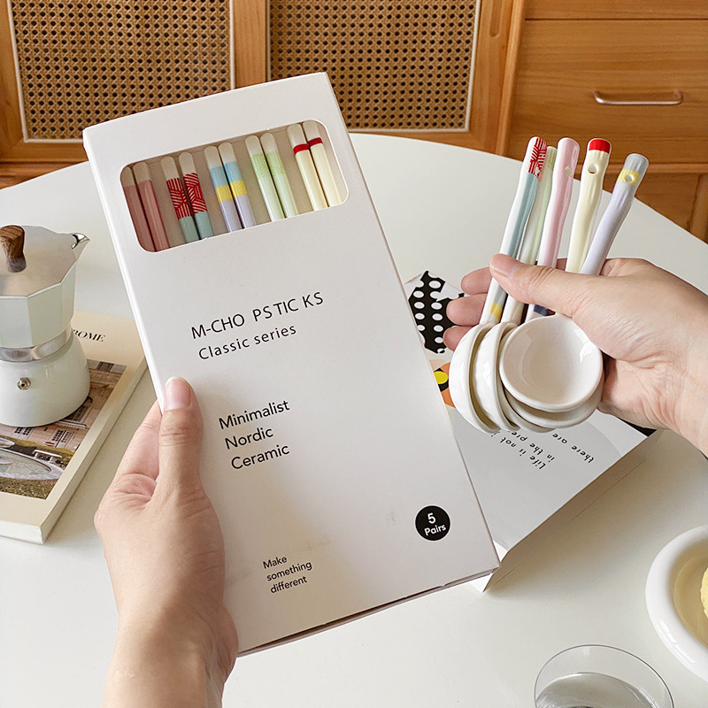 馬卡龍撞色少女心陶瓷勺子筷子套裝