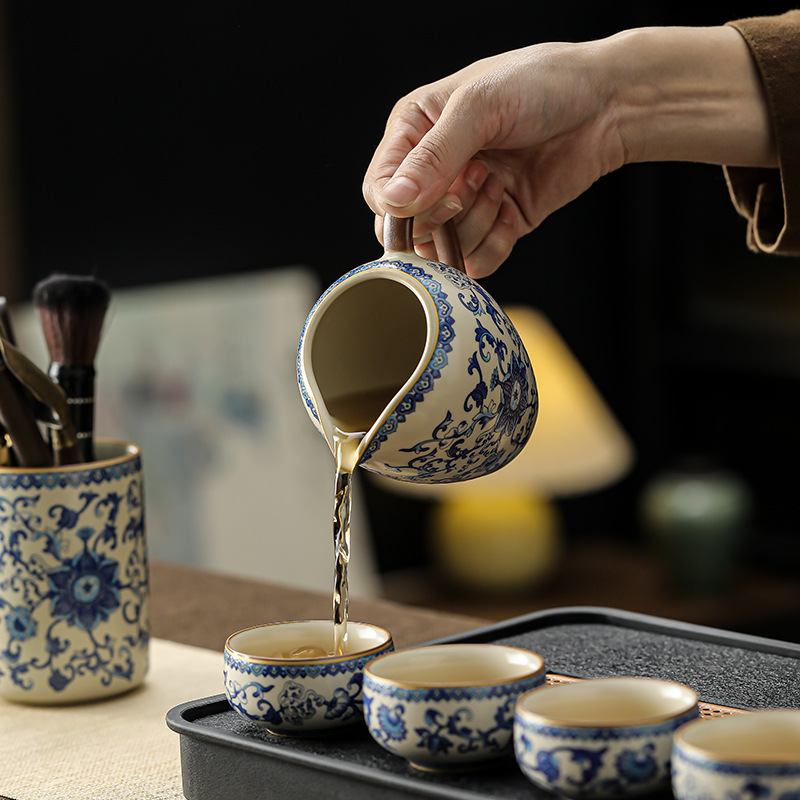 汝窯青花纏枝蓮西施壺蓋碗茶具套裝