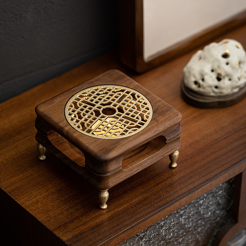 黑胡桃木銅足鼎爐溫茶爐