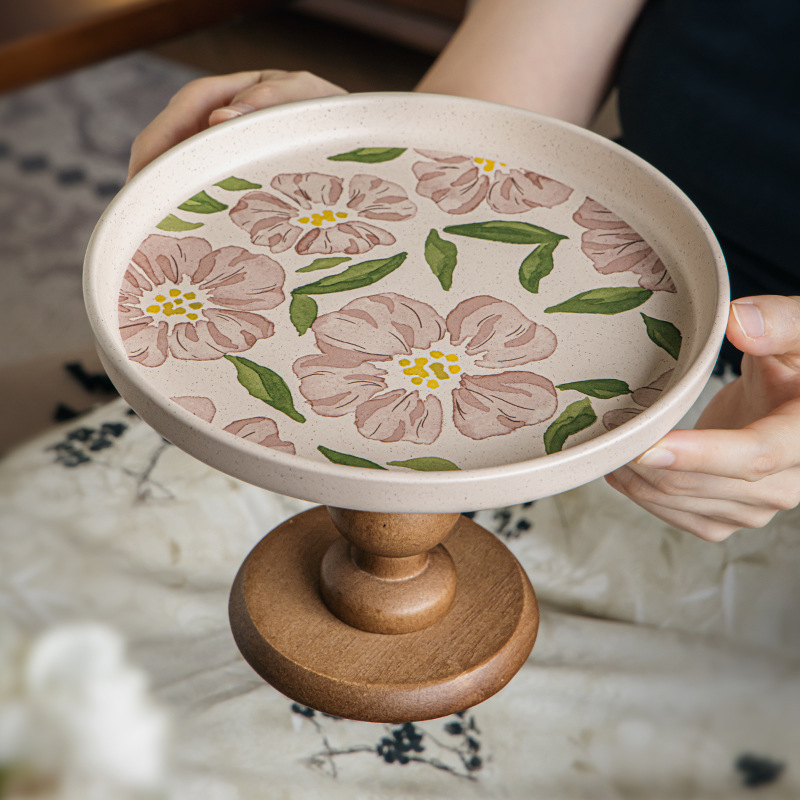 復古粉芙蓉木質高腳果盤