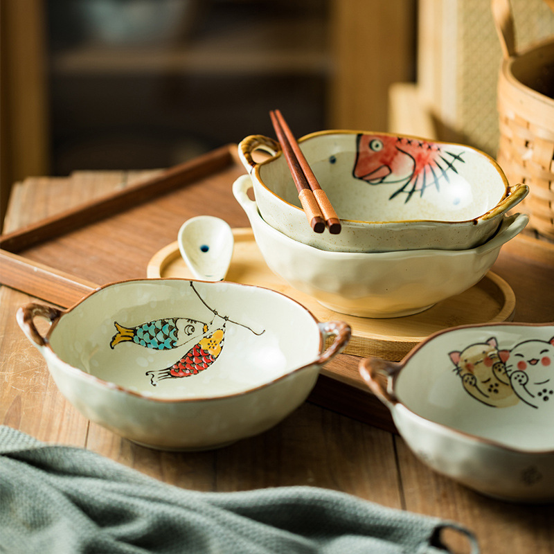 日式創意雙耳陶瓷碗