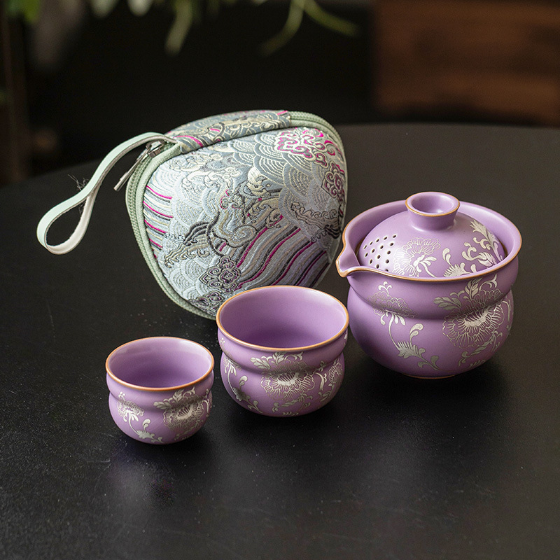 描銀牡丹旅行茶具