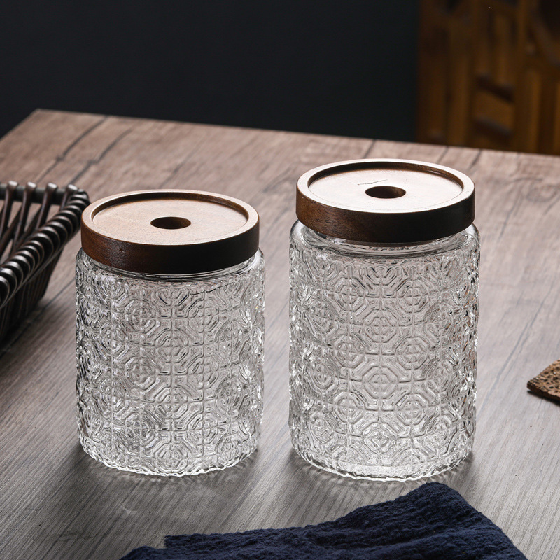 復古九宮格玻璃密封罐食品級浮雕儲物罐子零食乾果收納罐茶葉罐