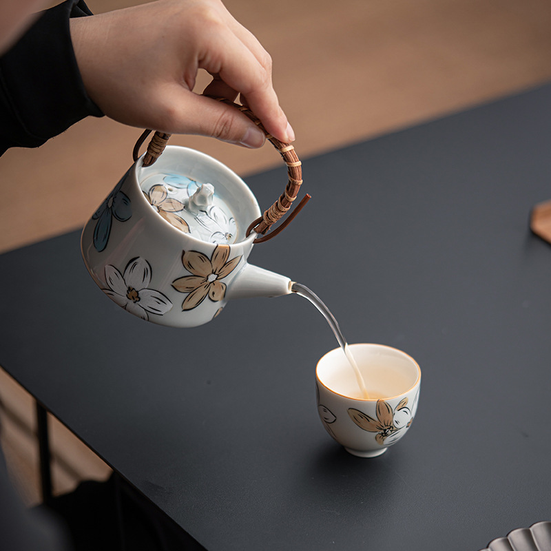 釉下彩日式櫻花藤編提梁壺