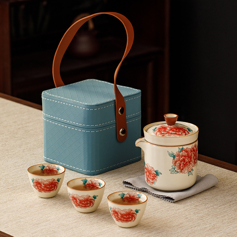 汝窯牡丹一壺三杯旅行便攜式茶具套裝