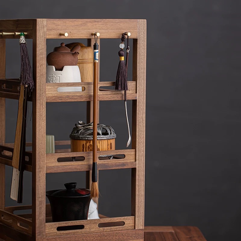 胡桃木茶具毛筆掛旋轉置物架