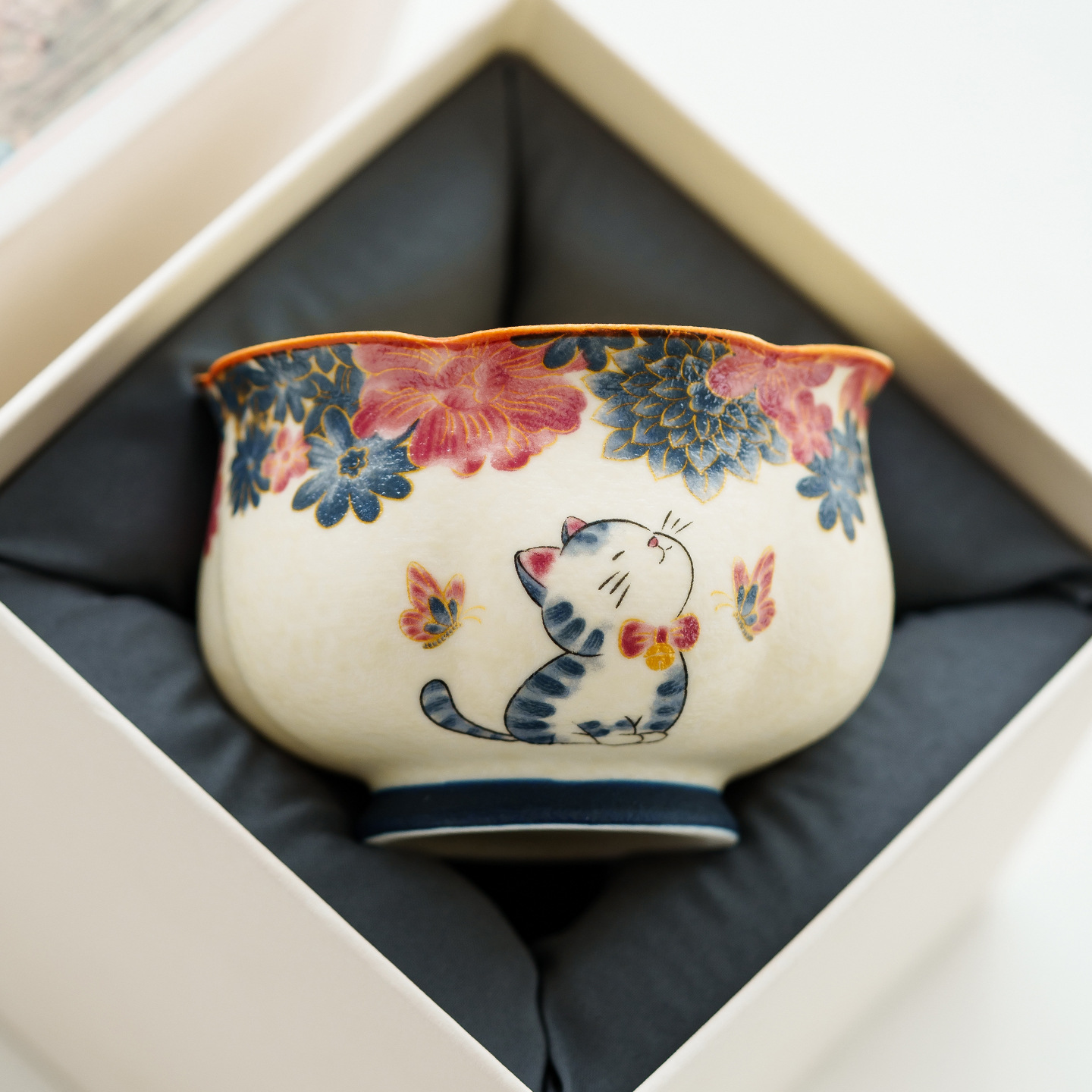 岩礦白蝶戀花萌貓花瓣杯