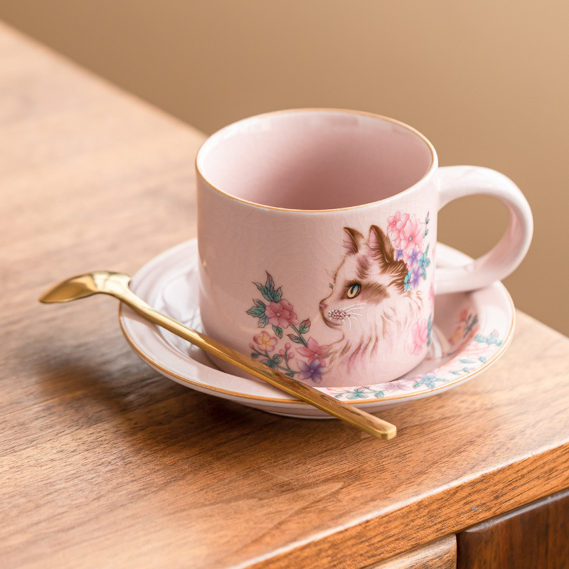 粉汝花貓咖啡杯