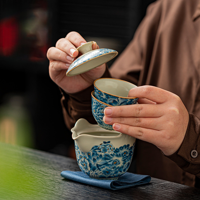 汝窑青花瓷快客杯戶外隨身一壺三杯