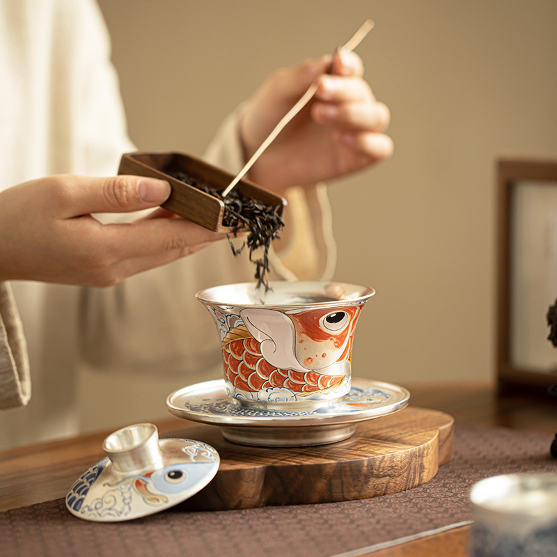 手工鎏銀祥龍納福三才蓋碗