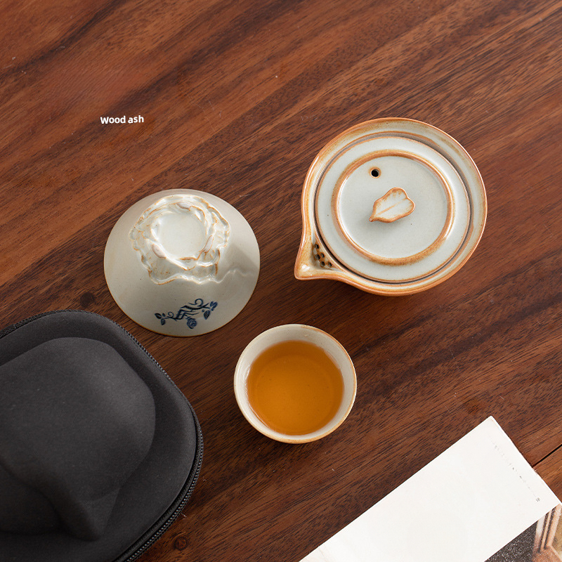 草木灰青花便攜旅行茶具