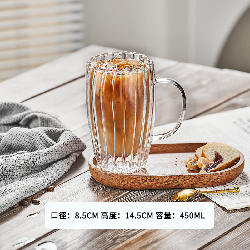 Ins 咖啡館餐廳創意條紋帶把雙層玻璃咖啡杯