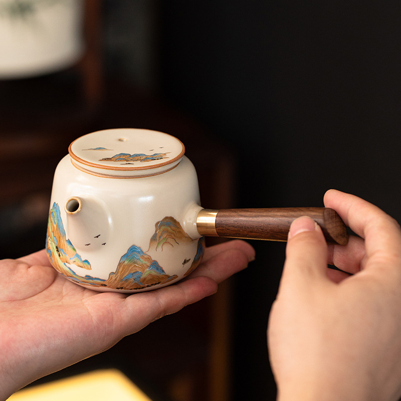 汝窯千裡江山側把壺