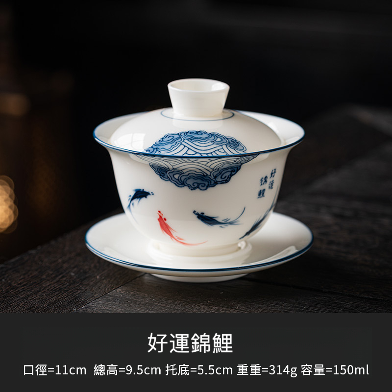 手繪羊脂玉懸停三才蓋碗