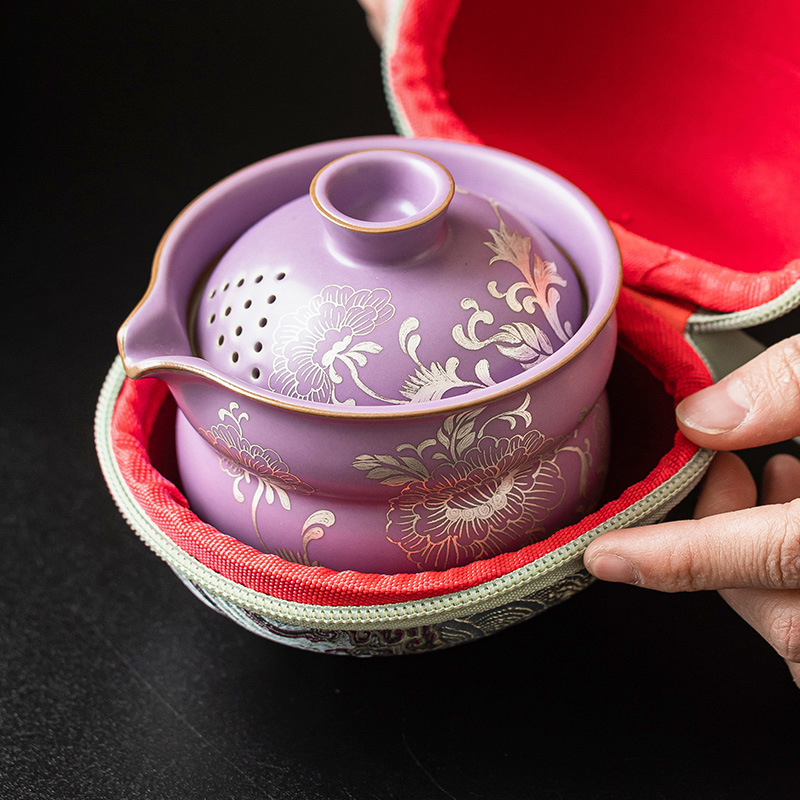 描銀牡丹旅行茶具