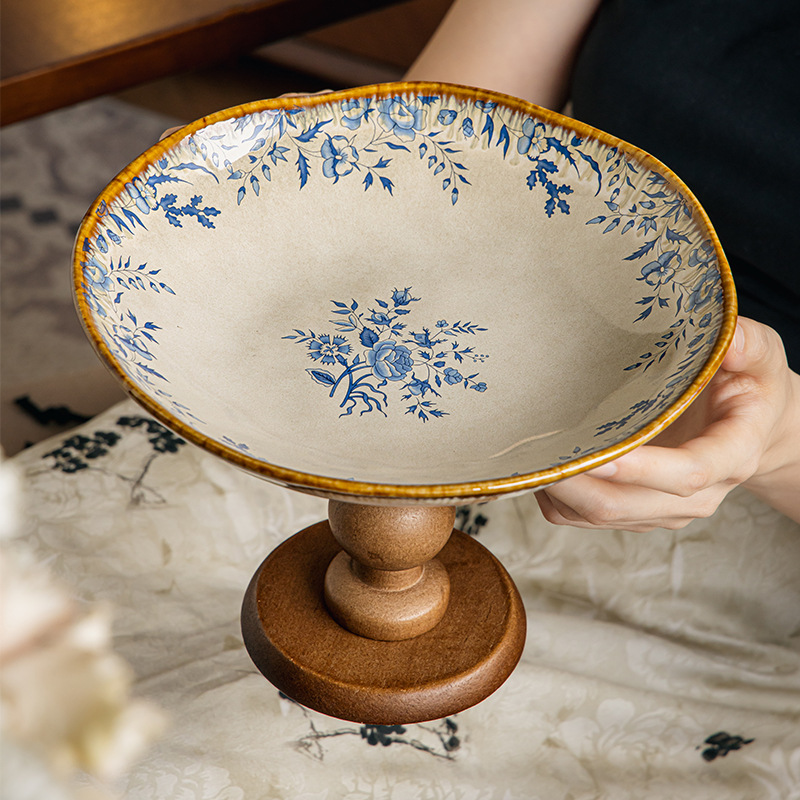 復古木質高腳陶瓷盤
