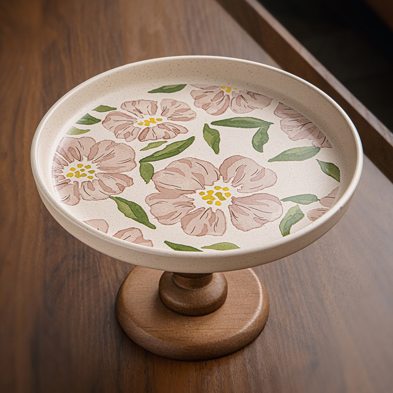 復古粉芙蓉木質高腳果盤