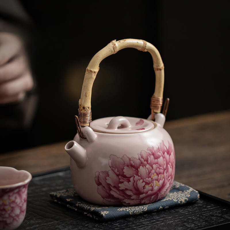 粉汝牡丹竹節提梁壺