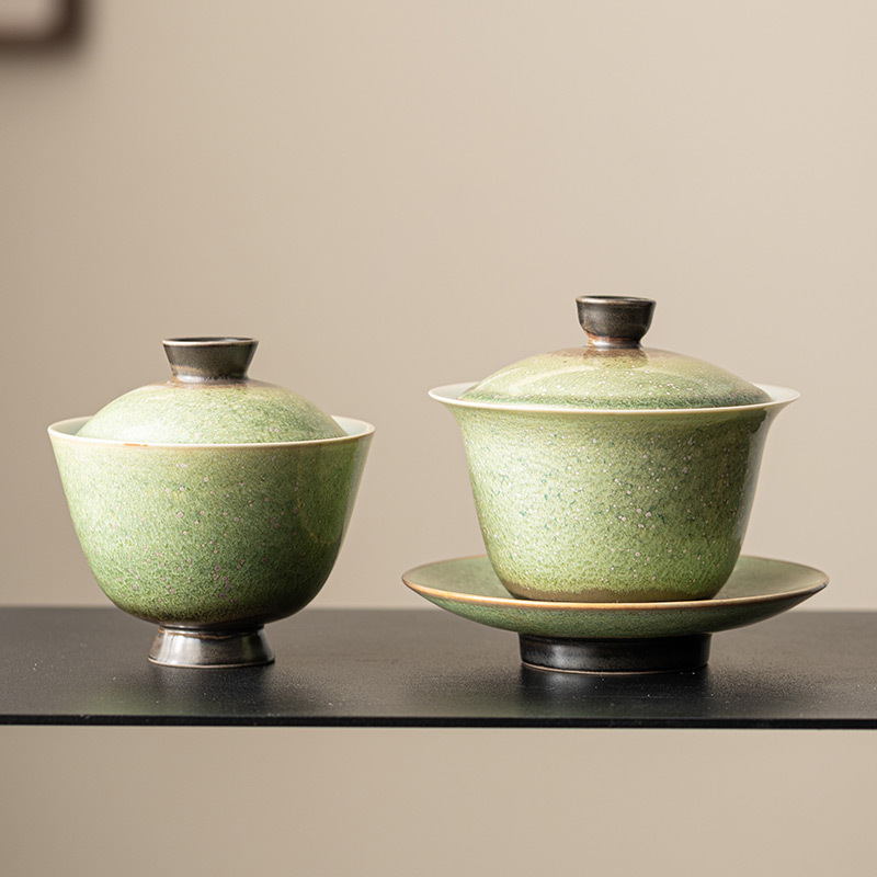 窯變星空翠綠復古三才蓋碗