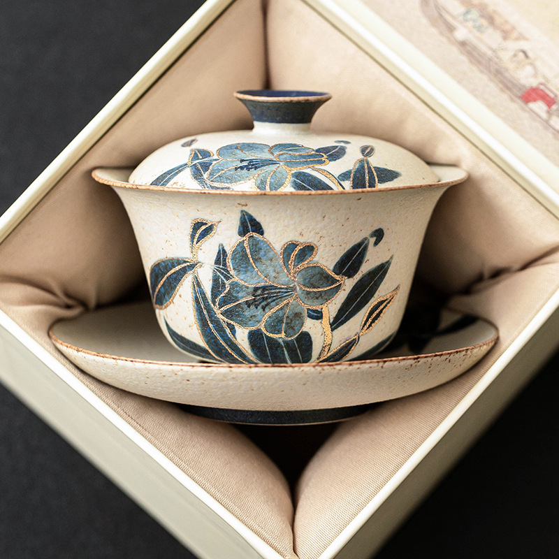 青花火石紅三才蓋碗