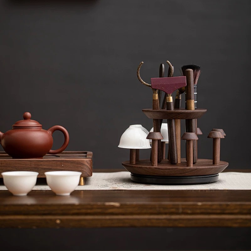 胡桃木茶道六君子旋轉杯架一體套裝