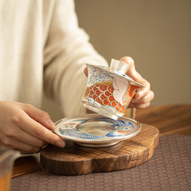 手工鎏銀祥龍納福三才蓋碗