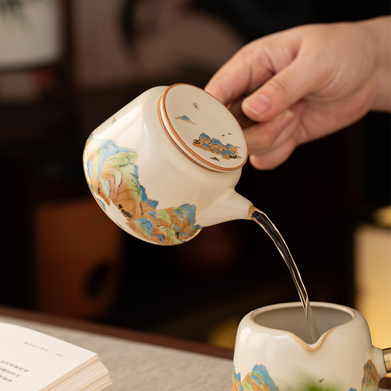 汝窯千裡江山側把壺