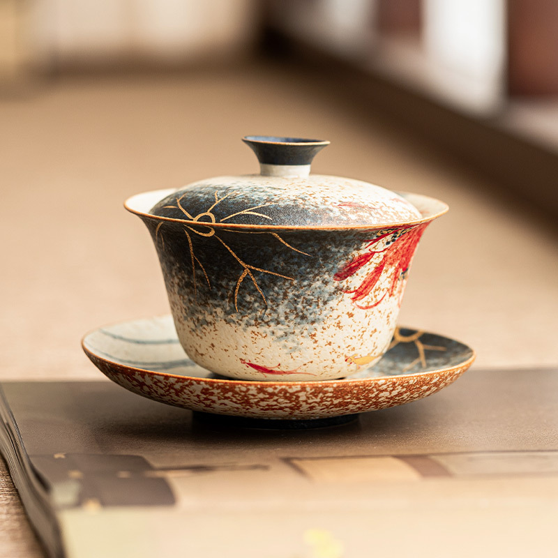 青花火石手繪荷韻錦鯉三才蓋碗