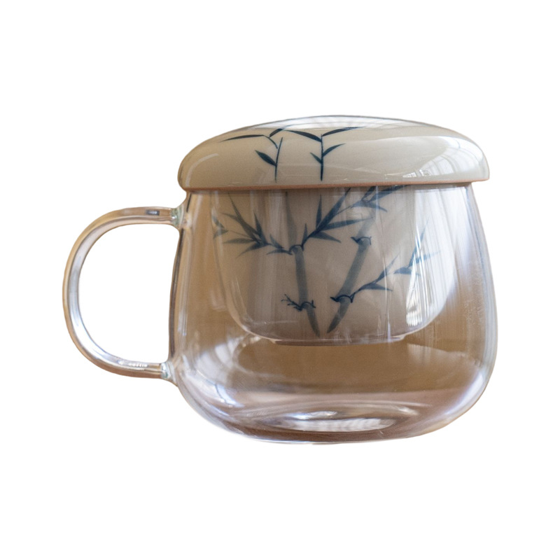 手繪竹子釉下彩帶蓋玻璃泡茶杯