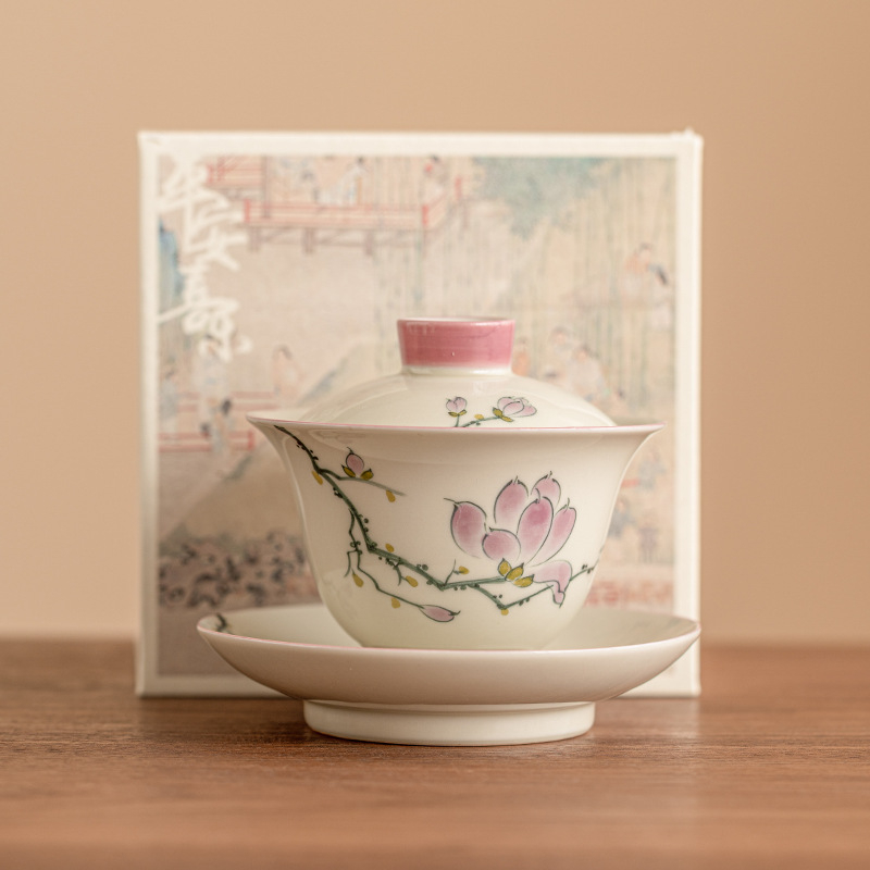 手繪玉蘭花三才蓋碗