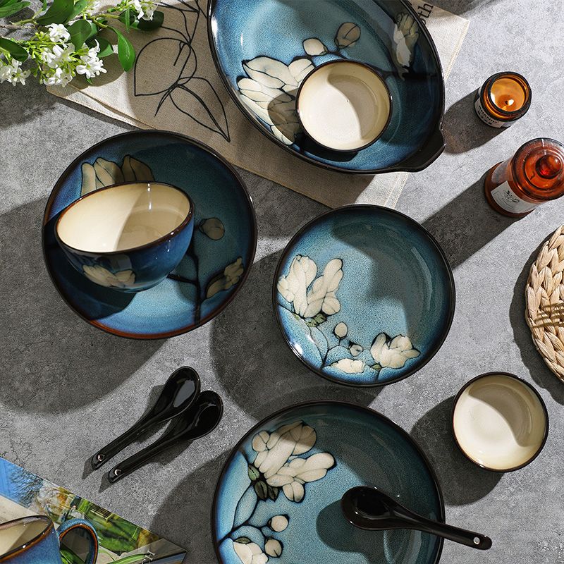 玉蘭花陶瓷餐具釉下彩飯碗湯碗套裝