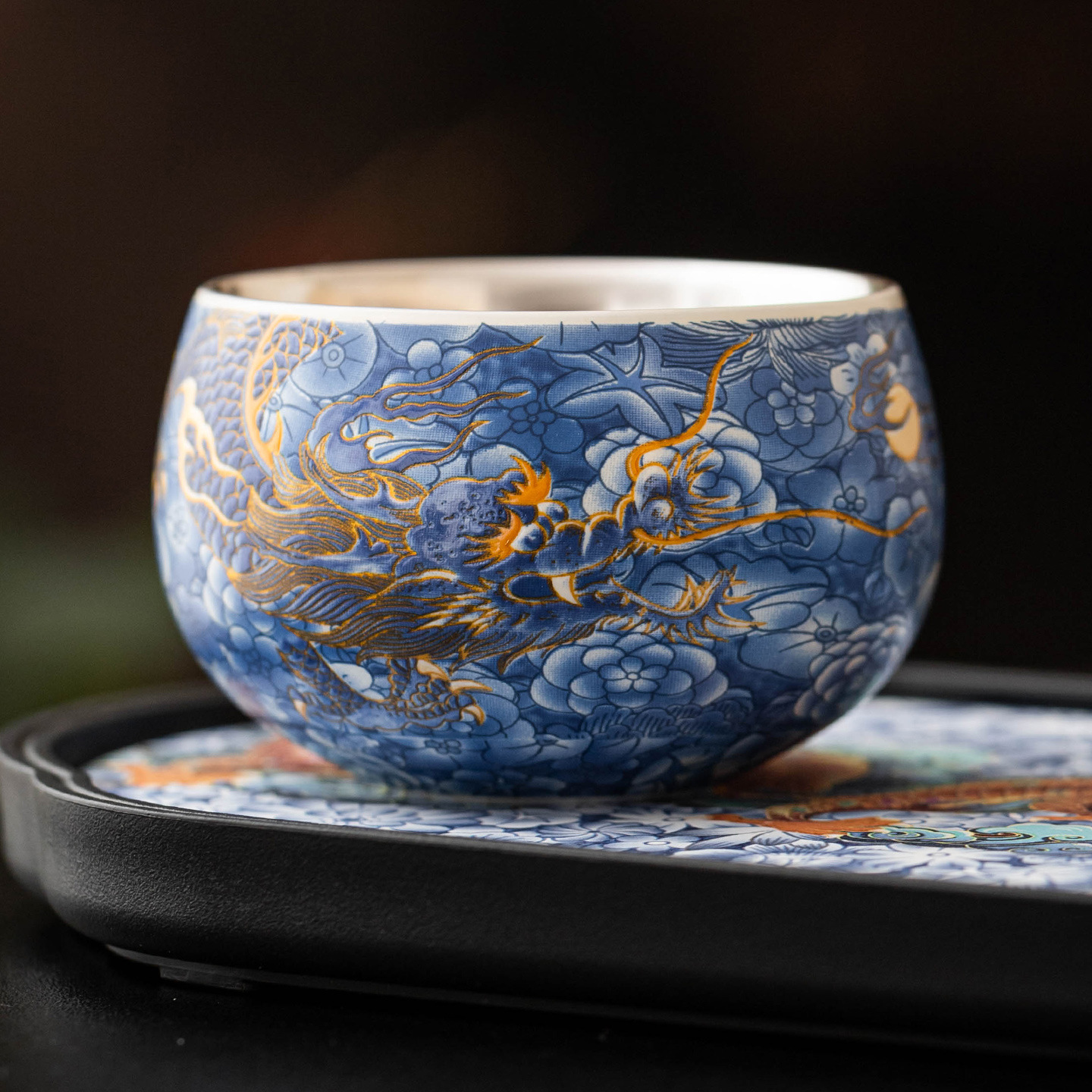 鎏銀青花龍鳳禪定杯