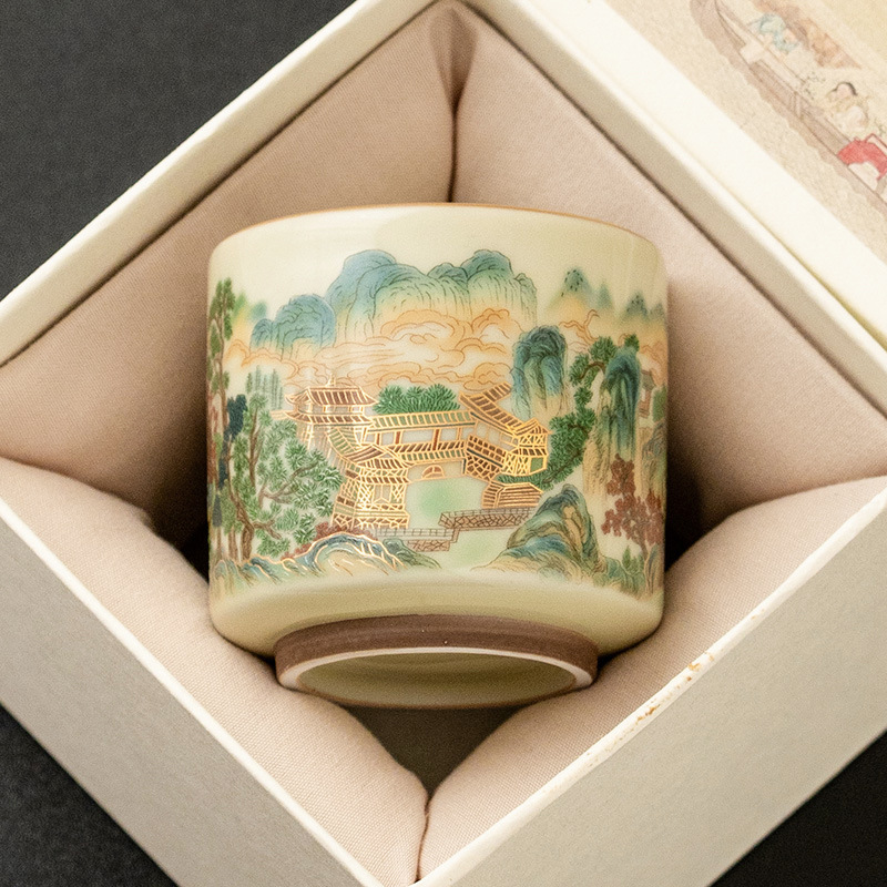 五彩山水直筒品茗杯