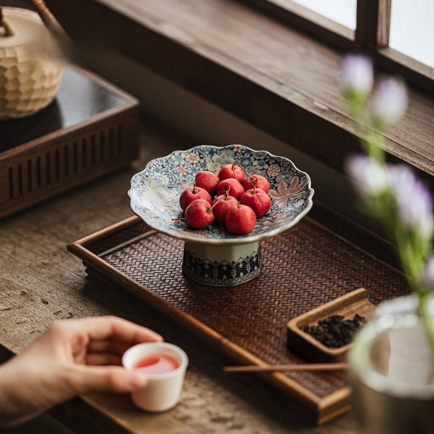 青花汝窯陶瓷高腳盤