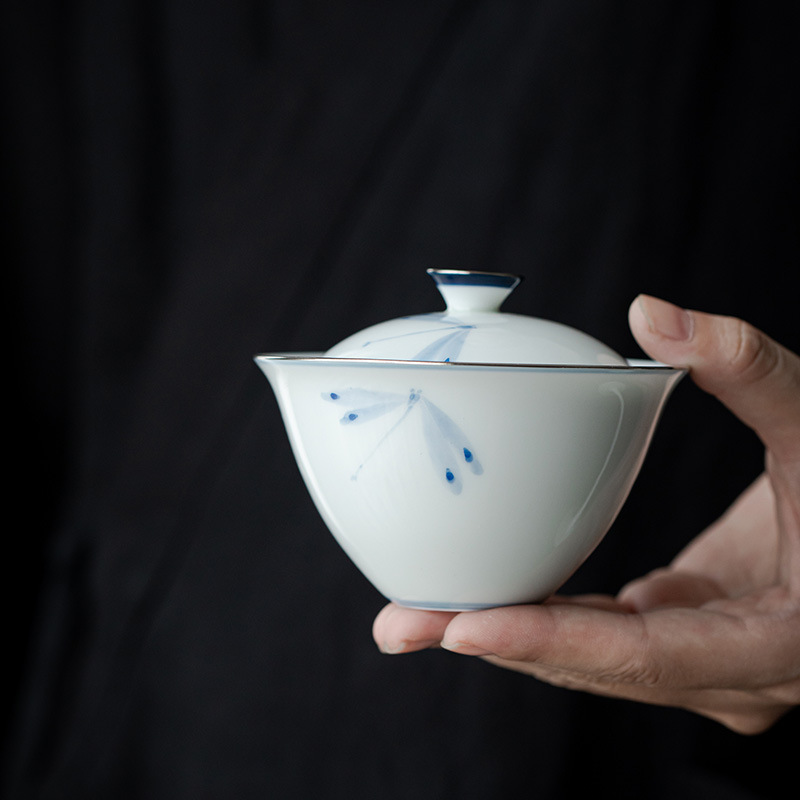 手繪青花陶瓷蓋碗蜻蜓吻釉