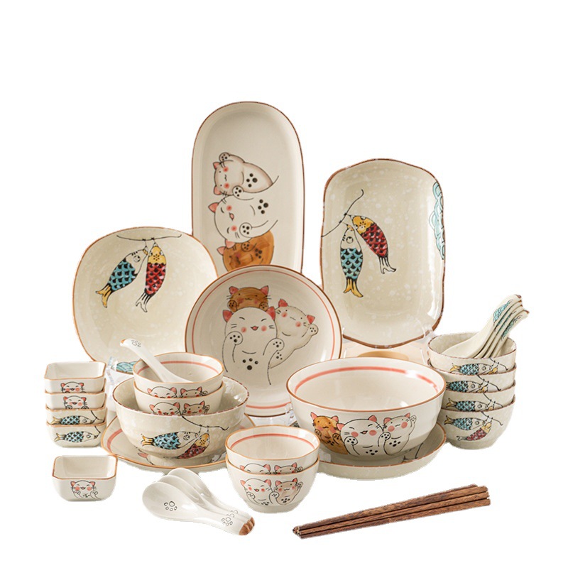 日式陶瓷創意釉下彩碗盤組合餐具禮盒